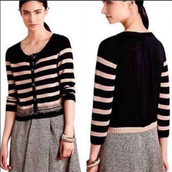 ANTHROPOLOGIE Moth Black Tan Cream Striped Mixed Materials Cardigan Sweater S - Picture 1 of 7